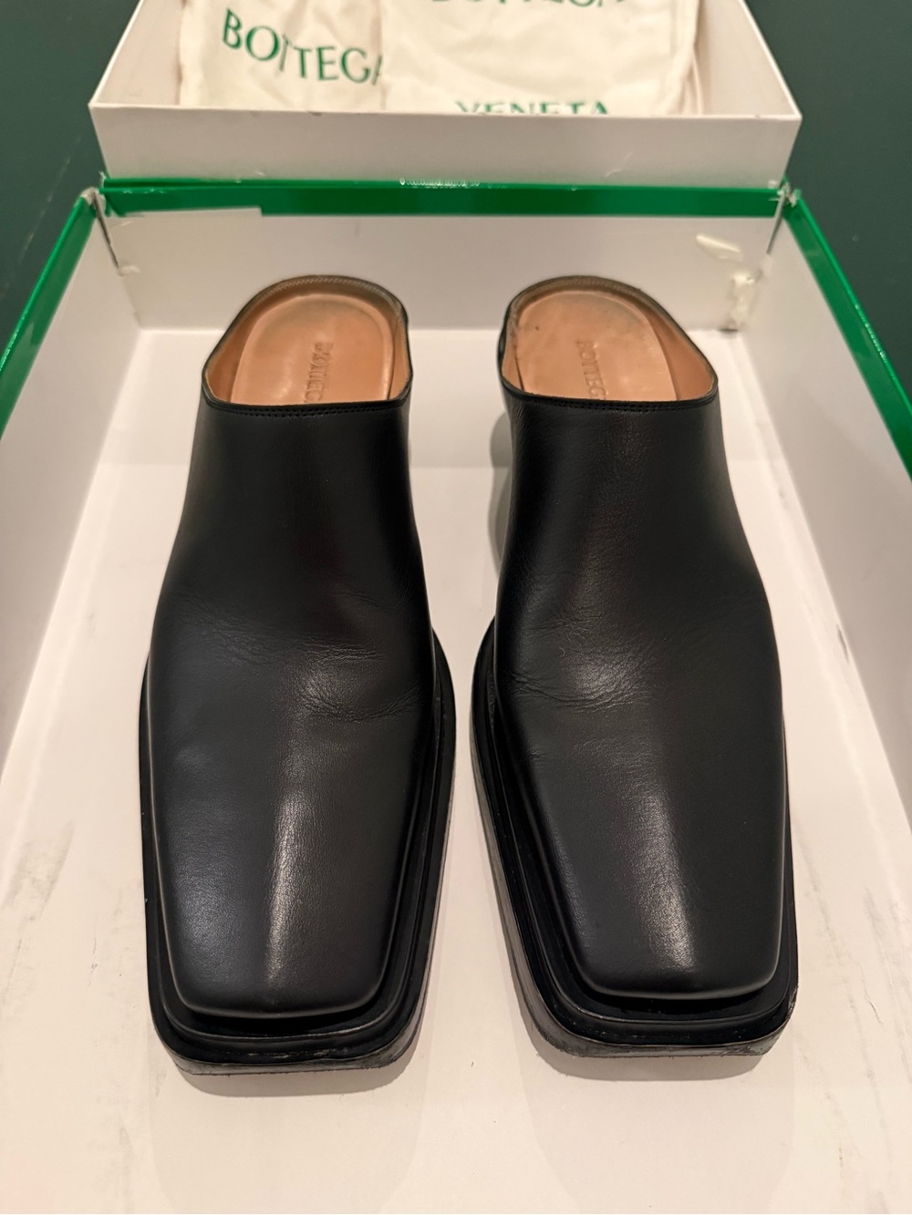 RARE Bottega Veneta Black Leather Square Toe Mules Mens/Womens Size 40 - Picture 4 of 14